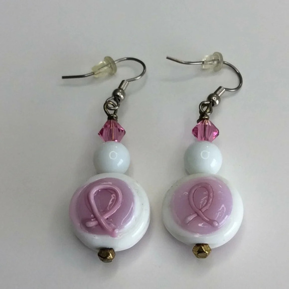 Handmade Pink & White Cancer Survivor Earrings - Picture 3 of 4